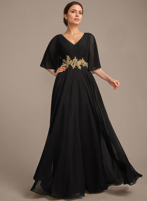 A-line V-Neck Floor-Length Chiffon Lace Mother of the Bride Dress With Sequins Beading