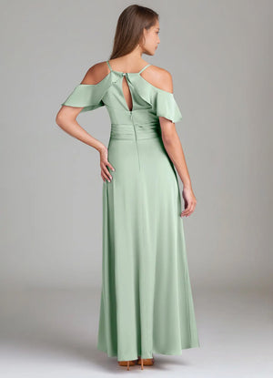 A-line Cold Shoulder Floor-Length Satin Bridesmaid Dress With Ruffle