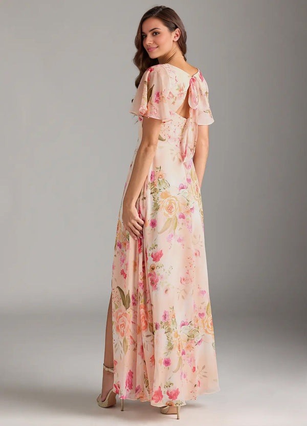 A-line V-Neck Floor-Length Chiffon Floral Bridesmaid Dress