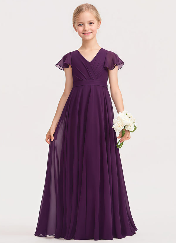 A-line V-Neck Floor-Length Chiffon Junior Bridesmaid Dress