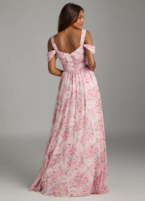 A-line Cold Shoulder Floor-Length Chiffon Bridesmaid Dress With Slit