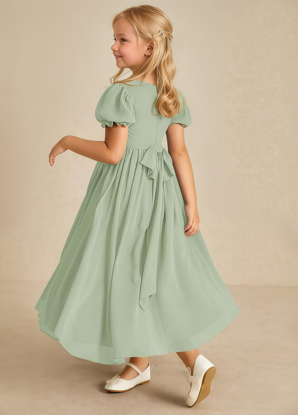 A-line Scoop-Neck Short Sleeves Chiffon Junior Bridesmaid Dress