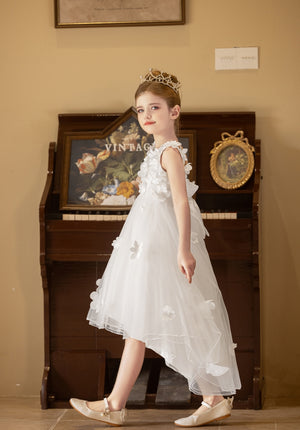 Ball-Gown/Princess V-Neck Asymmetrical Tulle Flower Girl Dress With Beading/3D Floral/Bow