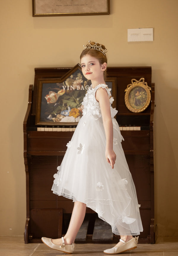 Ball-Gown/Princess V-Neck Asymmetrical Tulle Flower Girl Dress With Beading/3D Floral/Bow