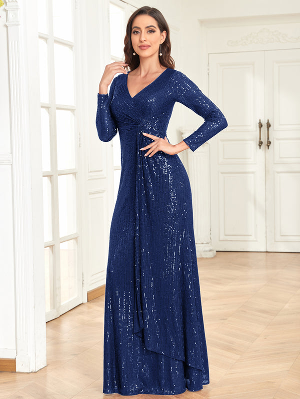 Sequin V-Neck Long Sleeves A-Line Floor Length Prom/Evening Dress