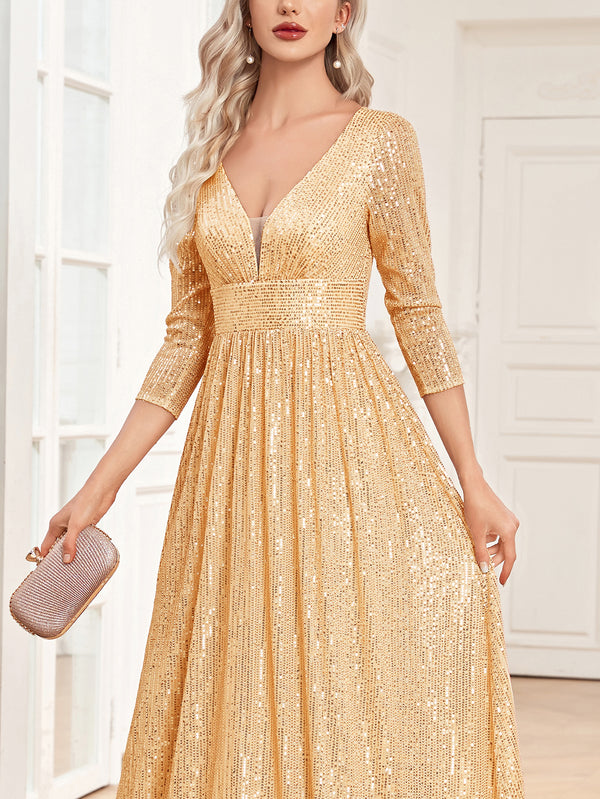 Sequin V-Neck Long Sleeveless A-Line Floor Length Gold Prom/Evening Dress