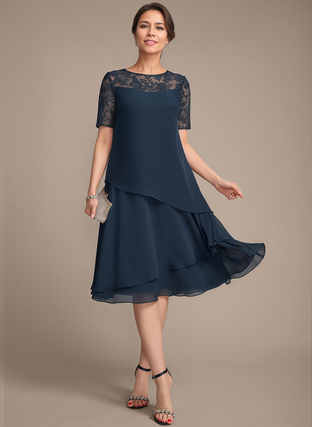 A-line Scoop Illusion Knee-Length Lace Chiffon Mother of the Bride Dress With Sequins