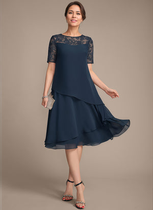 A-line Scoop Illusion Knee-Length Lace Chiffon Mother of the Bride Dress With Sequins