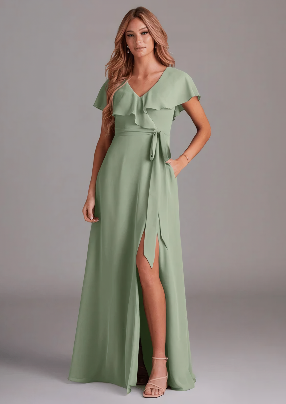 A-line V-Neck Floor-Length Chiffon Bridesmaid Dress With Ruffle