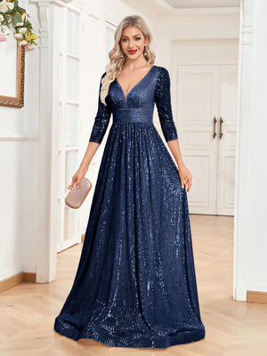 Sequin V-Neck Long Sleeveless A-Line Floor Length Navy Blue Prom/Evening Dress