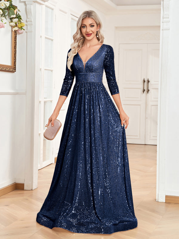 Sequin V-Neck Long Sleeveless A-Line Floor Length Navy Blue Prom/Evening Dress
