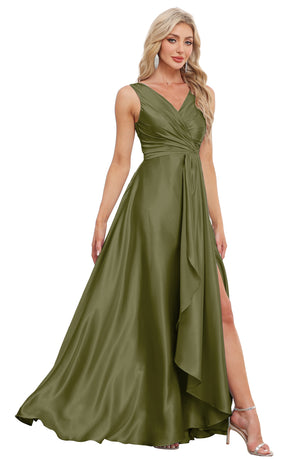 A-line V-Neck Floor-Length Satin Bridesmaid Dress
