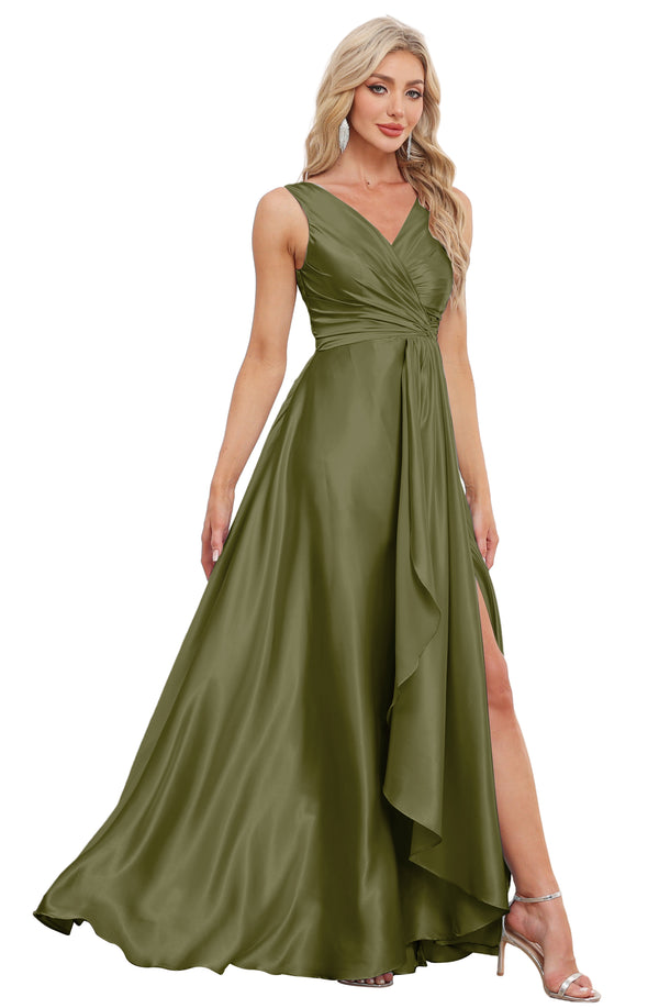 A-line V-Neck Floor-Length Satin Bridesmaid Dress