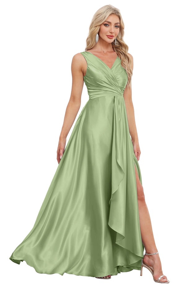 A-line V-Neck Floor-Length Satin Bridesmaid Dress