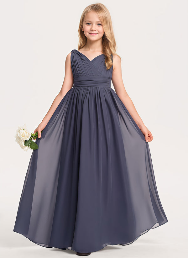 A-line V-Neck Floor-Length Chiffon Junior Bridesmaid Dress