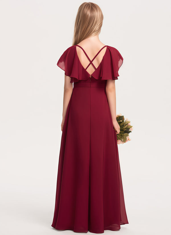 A-line V-Neck Floor-Length Chiffon Junior Bridesmaid Dress