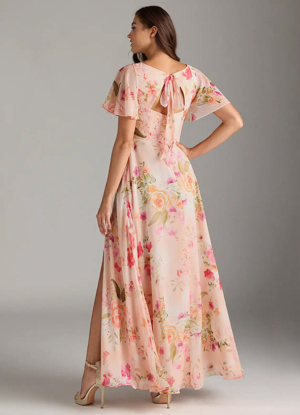 A-line V-Neck Floor-Length Chiffon Floral Bridesmaid Dress