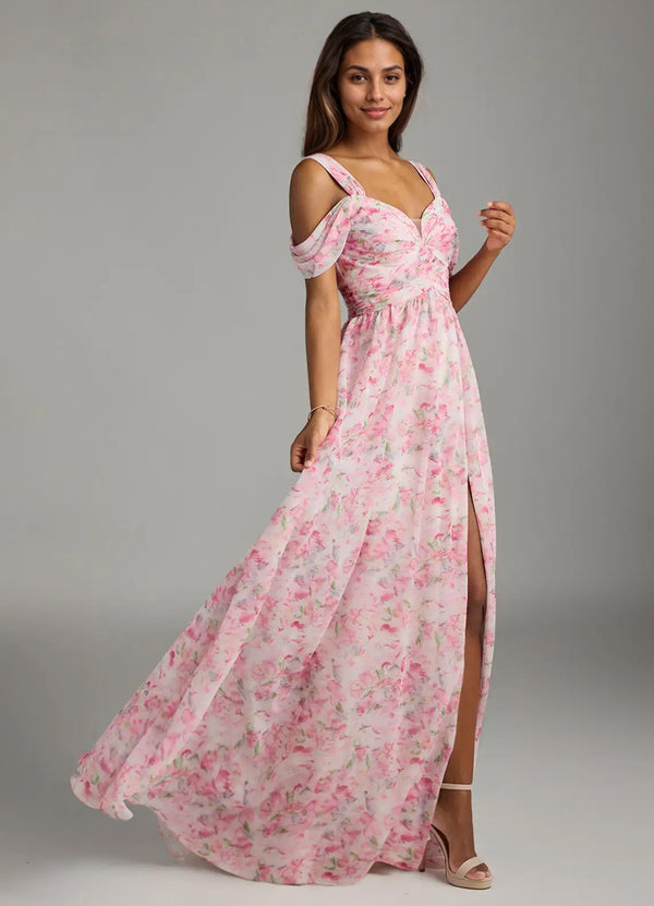 A-line Cold Shoulder Floor-Length Chiffon Bridesmaid Dress With Slit