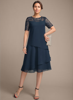 A-line Scoop Illusion Knee-Length Lace Chiffon Mother of the Bride Dress With Sequins