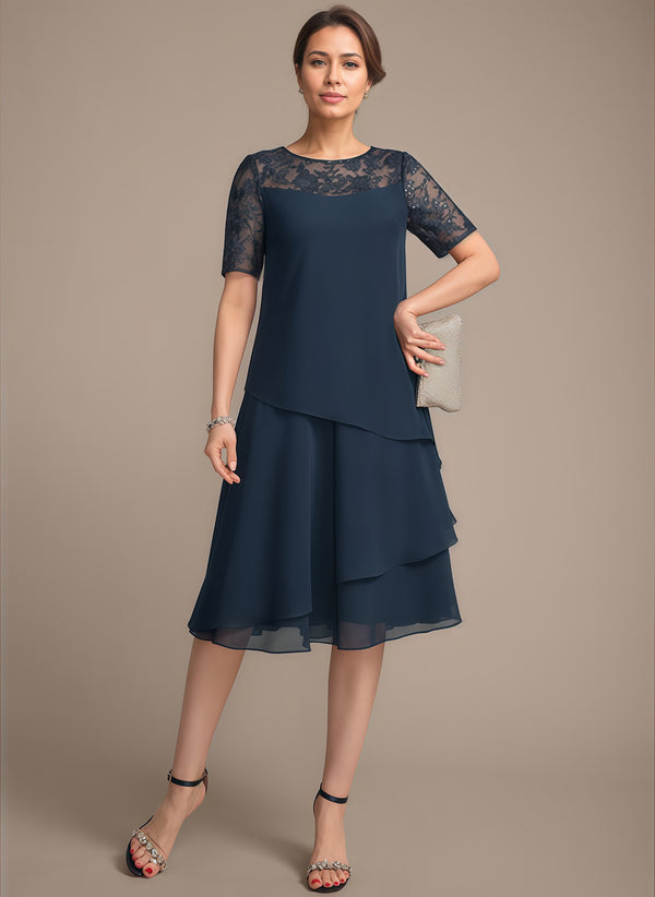 A-line Scoop Illusion Knee-Length Lace Chiffon Mother of the Bride Dress With Sequins