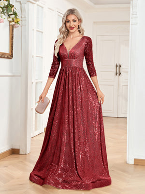 Sequin V-Neck Long Sleeveless A-Line Floor Length Navy Blue Prom/Evening Dress