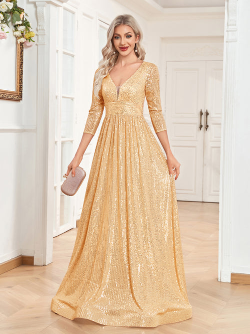 Sequin V-Neck Long Sleeveless A-Line Floor Length Gold Prom/Evening Dress