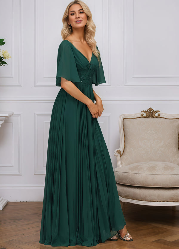 A-line V-Neck Floor-Length Chiffon Mother of the Bride Dress With Sequins Appliques Lace Pleated