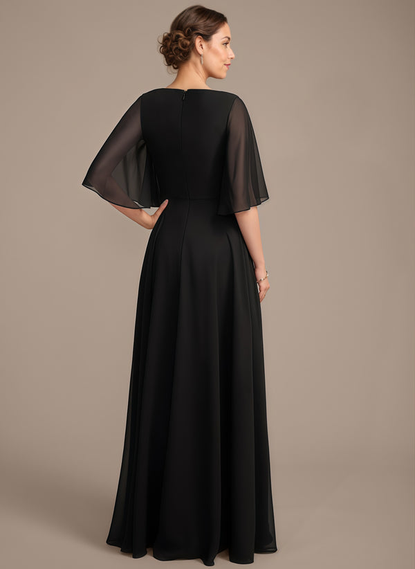 A-line V-Neck Floor-Length Chiffon Lace Mother of the Bride Dress With Sequins Beading