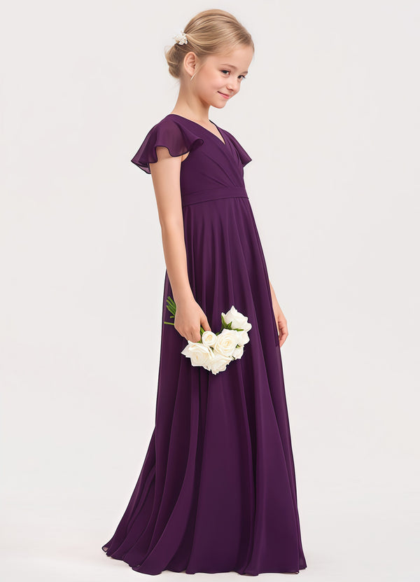 A-line V-Neck Floor-Length Chiffon Junior Bridesmaid Dress