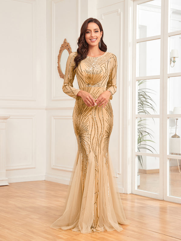 Scoop Sequin Tulle Mermaid/Trumpet Long Sleevess Sweep Train Empire Waist Prom Dress