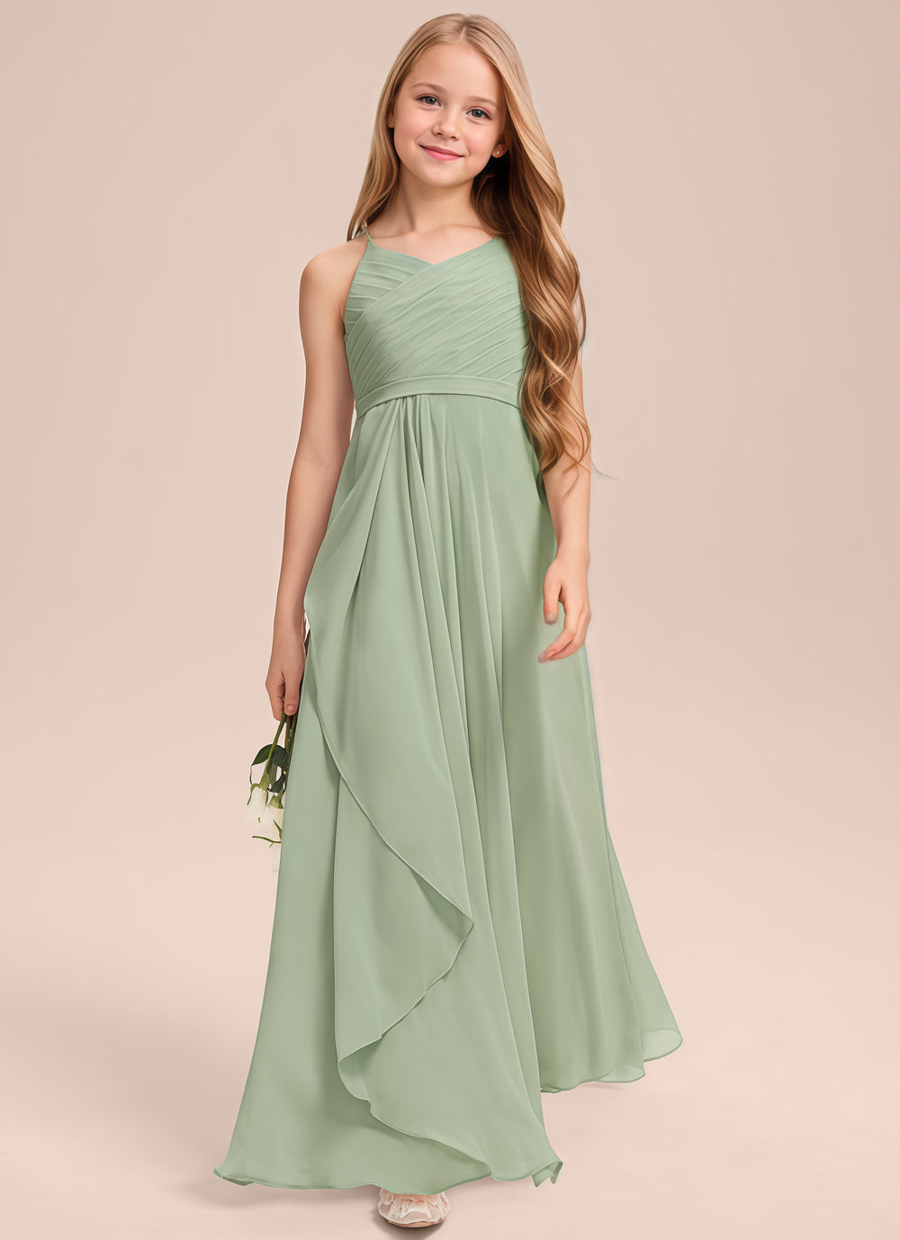 A-line V-Neck Floor-Length Chiffon Junior Bridesmaid Dress With Cascading Ruffles