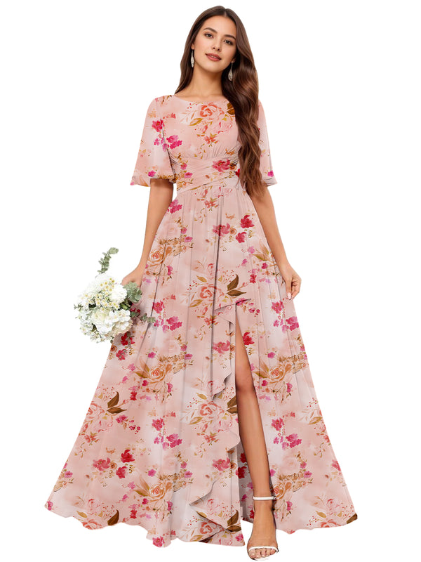 A-line Scoop Floor-Length Chiffon Bridesmaid Dress With Slit