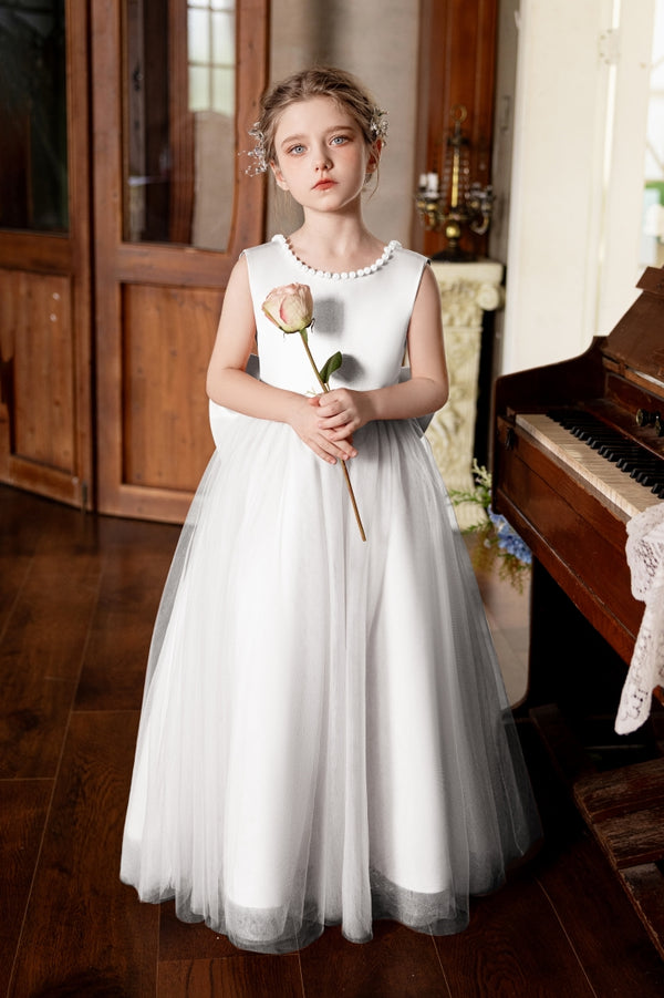 Ball-Gown/Princess V-Neck Floor-Length Tulle/Satin Flower Girl Dress With Bow