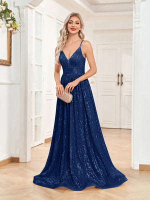Sequin V-Neck Spaghetti Straps A-Line Floor Length Prom/Evening Dress