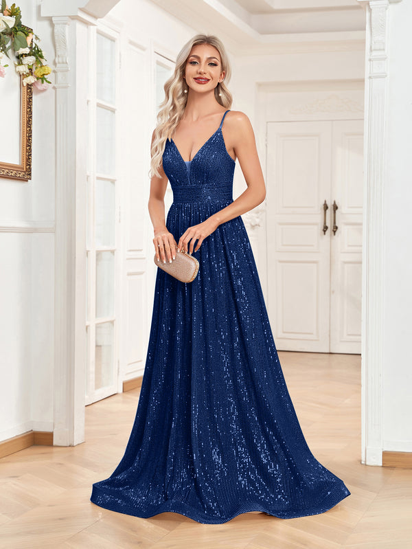 Sequin V-Neck Spaghetti Straps A-Line Floor Length Prom/Evening Dress