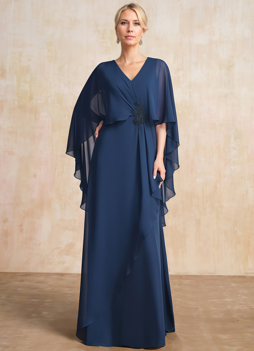 A-line V-Neck Floor-Length Chiffon Mother of the Bride Dress With Cascading Ruffles Beading