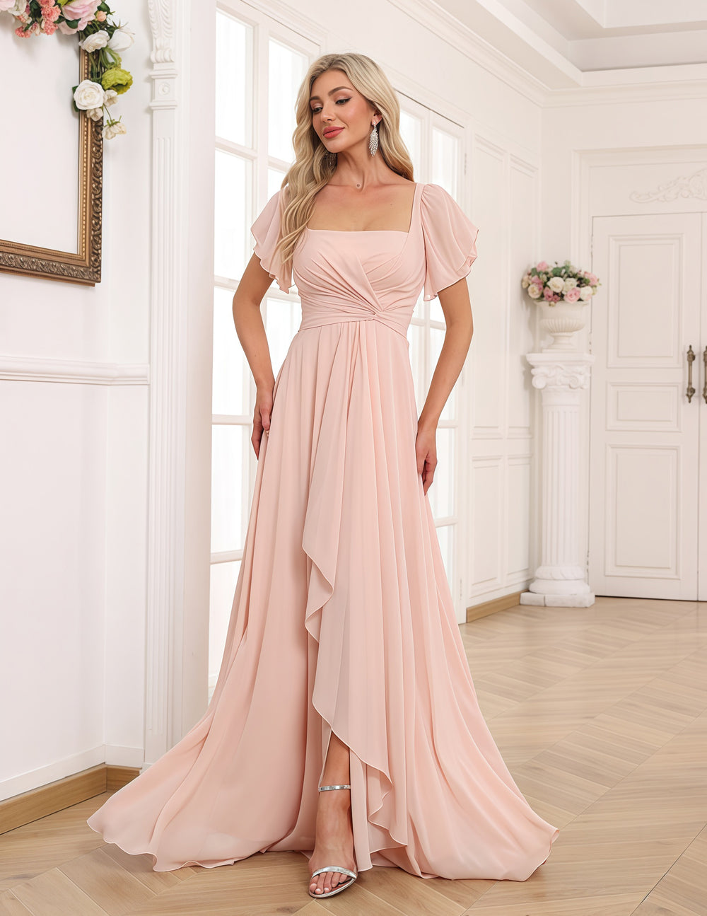 A-line Square Asymmetrical Chiffon Bridesmaid Dress