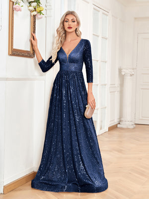 Sequin V-Neck Long Sleeveless A-Line Floor Length Navy Blue Prom/Evening Dress