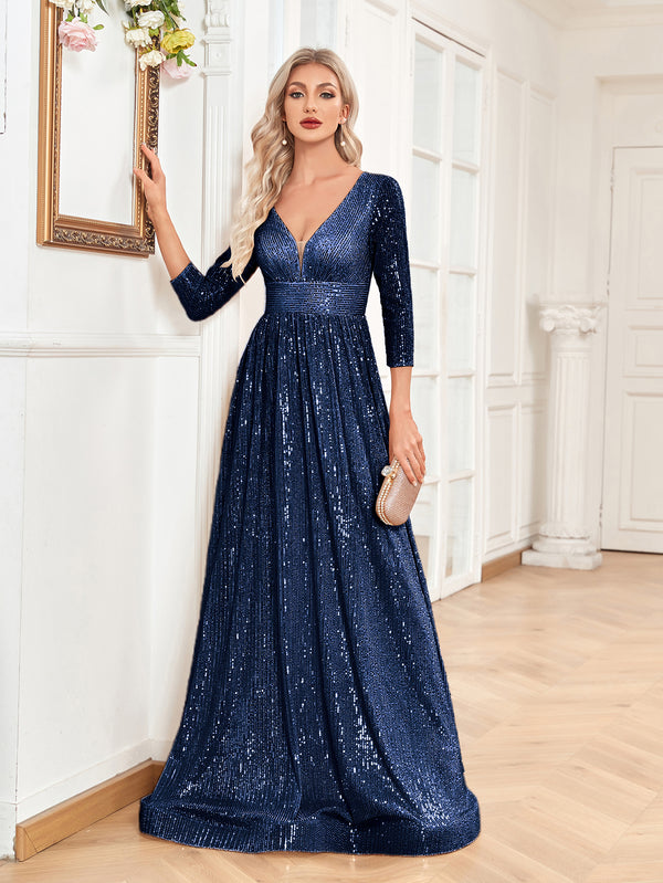 Sequin V-Neck Long Sleeveless A-Line Floor Length Navy Blue Prom/Evening Dress