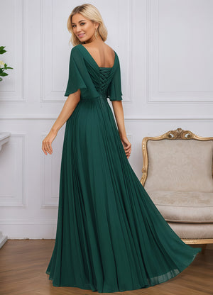 A-line V-Neck Floor-Length Chiffon Mother of the Bride Dress With Sequins Appliques Lace Pleated