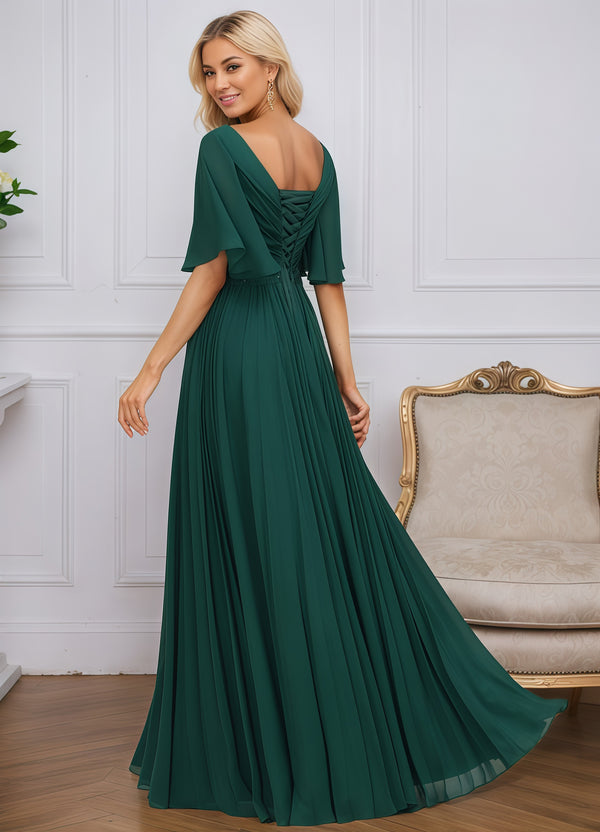 A-line V-Neck Floor-Length Chiffon Mother of the Bride Dress With Sequins Appliques Lace Pleated