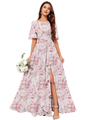 A-line Scoop Floor-Length Chiffon Bridesmaid Dress With Slit