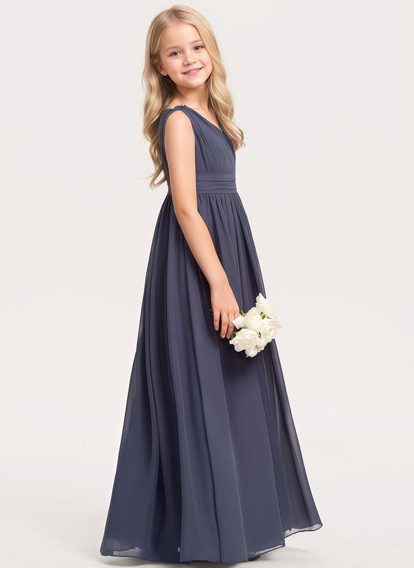 A-line V-Neck Floor-Length Chiffon Junior Bridesmaid Dress