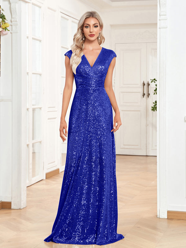 Sequin V-Neck Sleeveless A-Line Floor Length Prom/Evening Dress