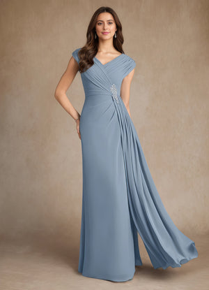 A-line V-Neck Floor-Length Chiffon Mother of the Bride Dress With Pleated Sequins