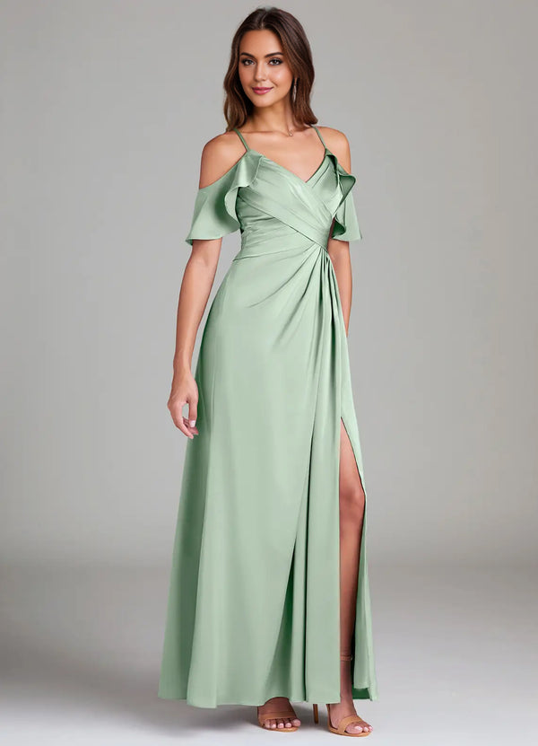 A-line Cold Shoulder Floor-Length Satin Bridesmaid Dress With Ruffle