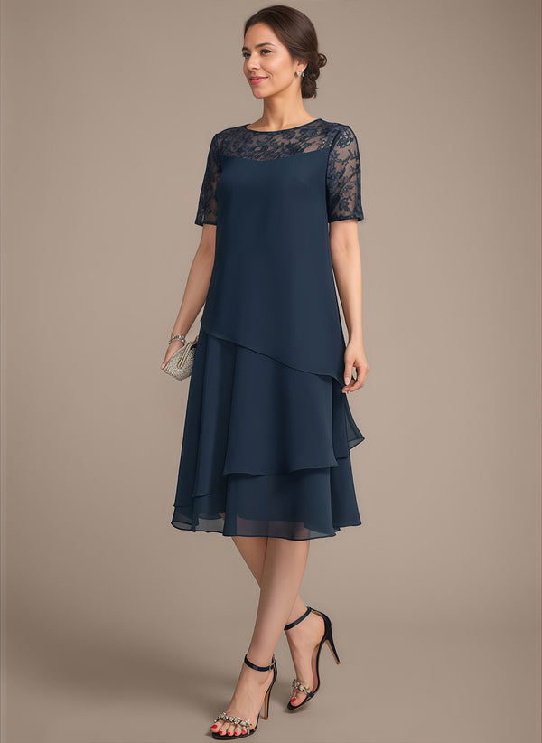 A-line Scoop Illusion Knee-Length Lace Chiffon Mother of the Bride Dress With Sequins