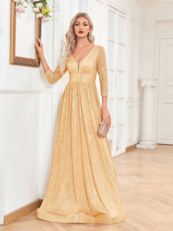 Sequin V-Neck Long Sleeveless A-Line Floor Length Gold Prom/Evening Dress
