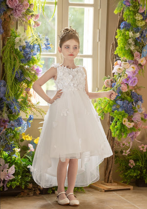 Ball-Gown/Princess V-Neck Asymmetrical Tulle Flower Girl Dress With Beading/3D Floral/Bow