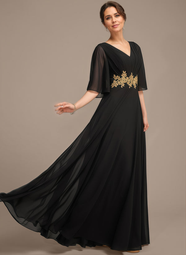 A-line V-Neck Floor-Length Chiffon Lace Mother of the Bride Dress With Sequins Beading